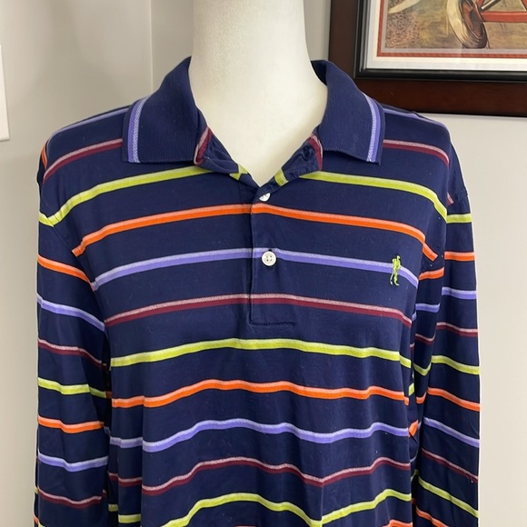 Payne Stewart Polo Shirt Mens Medium Blue Green Stripes Golf Legacy Mercerized - Picture 2 of 5